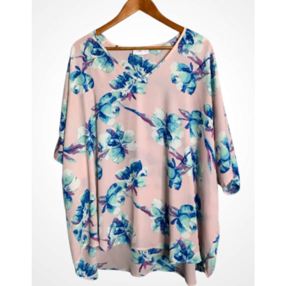 Adrienne Pink and Blue Floral Blouse Flowy Tunic Medium